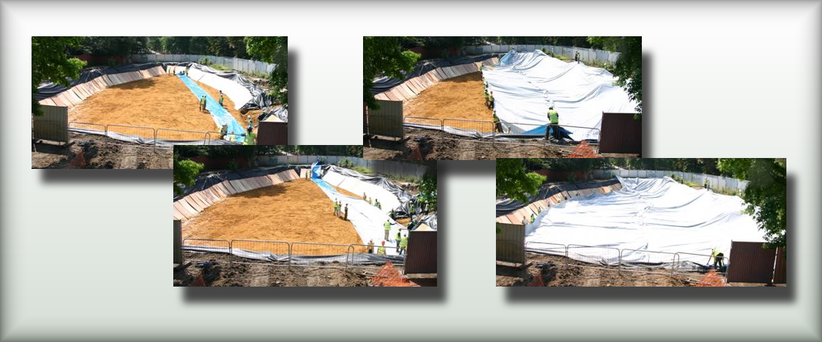 The stages of laying out a large custom-made sheet of root barrier on a new-build development